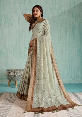 Pista Embroidery Silk Saree Set