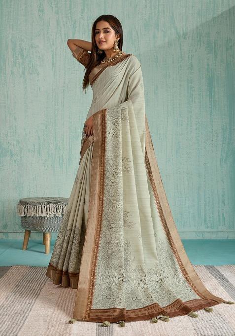 Pista Embroidery Silk Saree Set