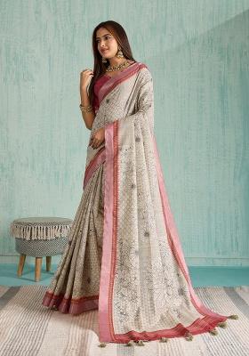 Grey Embroidery Silk Saree Set