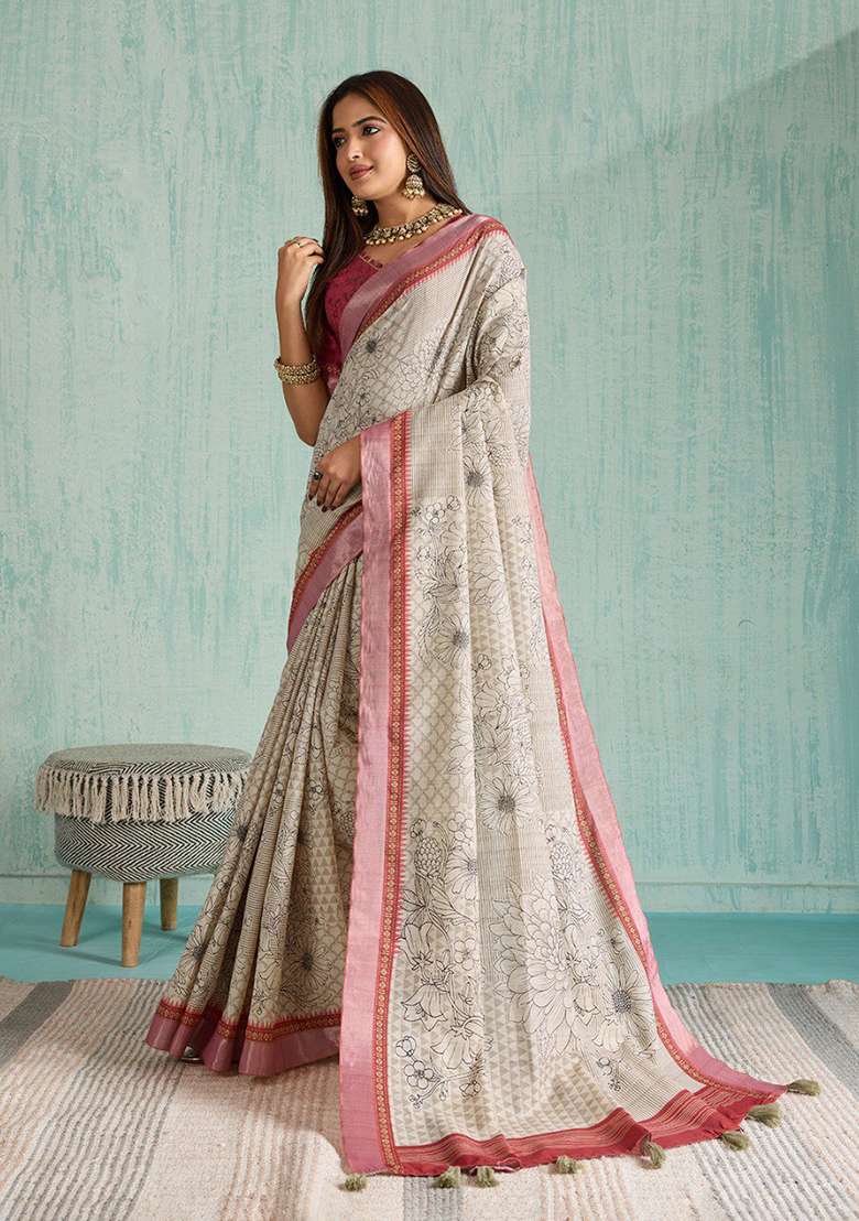 Grey Embroidery Silk Blend Saree Set - Indya