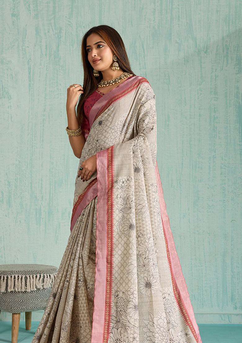 Grey Embroidery Silk Blend Saree Set - Indya