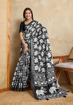Black Embroidery Silk Saree Set
