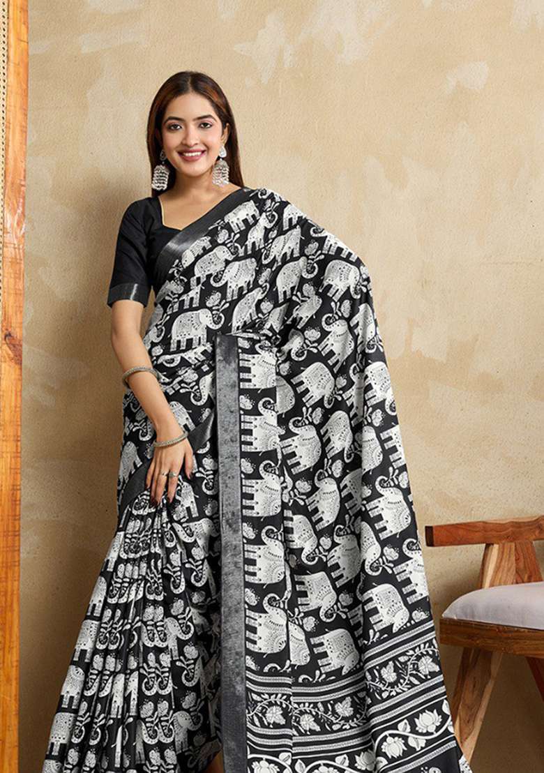 Black Embroidery Silk Blend Saree Set - Indya