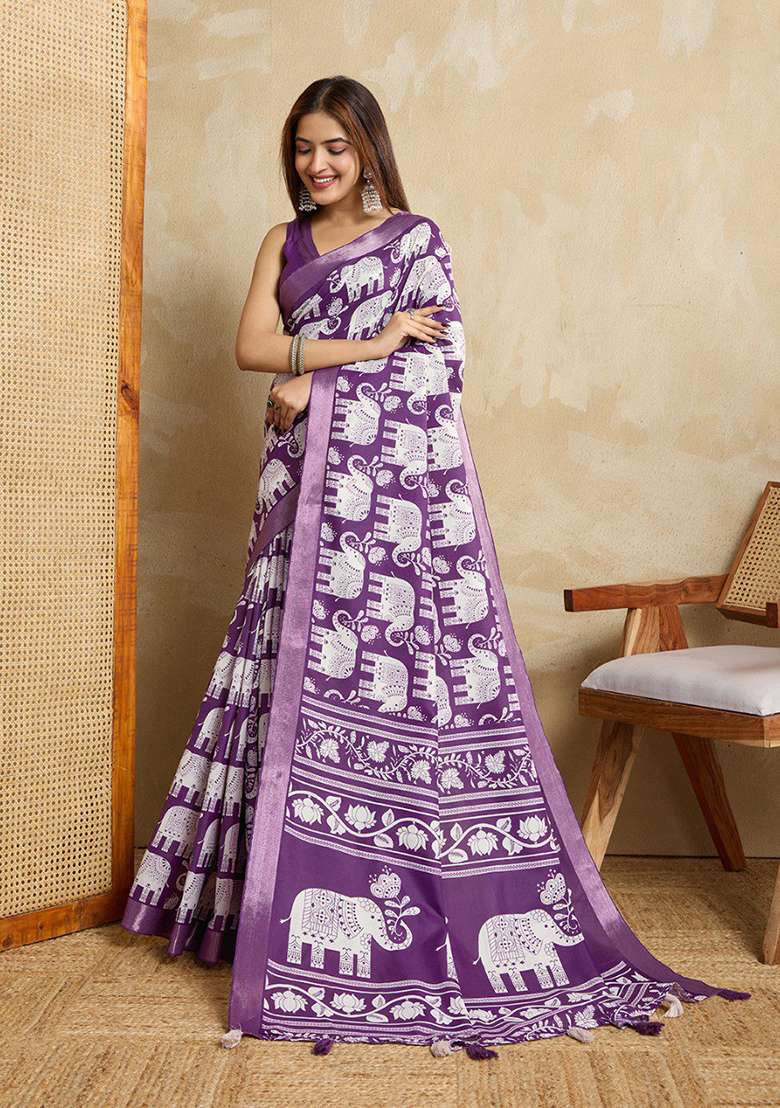 Purple Embroidery Silk Blend Saree Set - Indya
