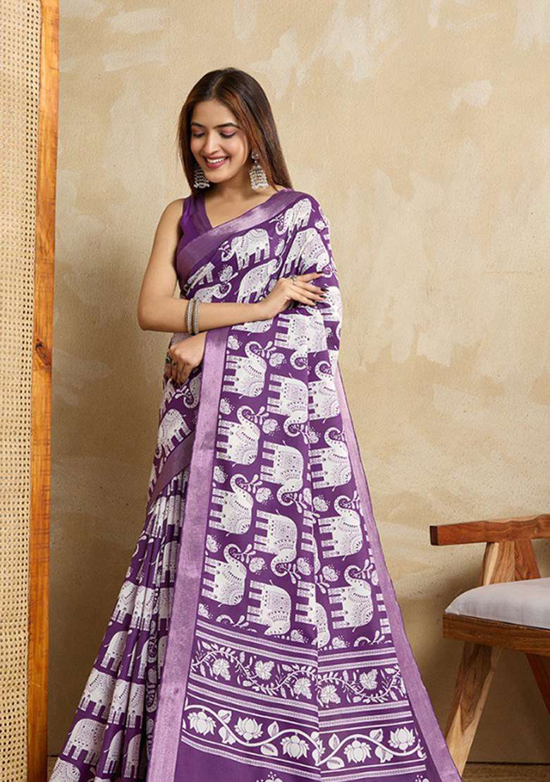 Purple Embroidery Silk Blend Saree Set - Indya
