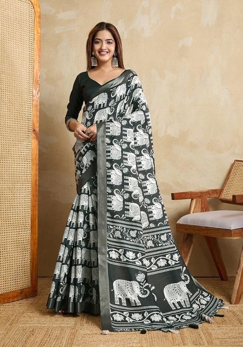 Dark Mahendi Embroidery Silk Saree Set