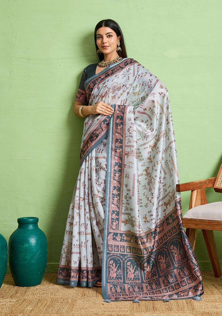 Multi Embroidery Silk Blend Saree Set - Indya