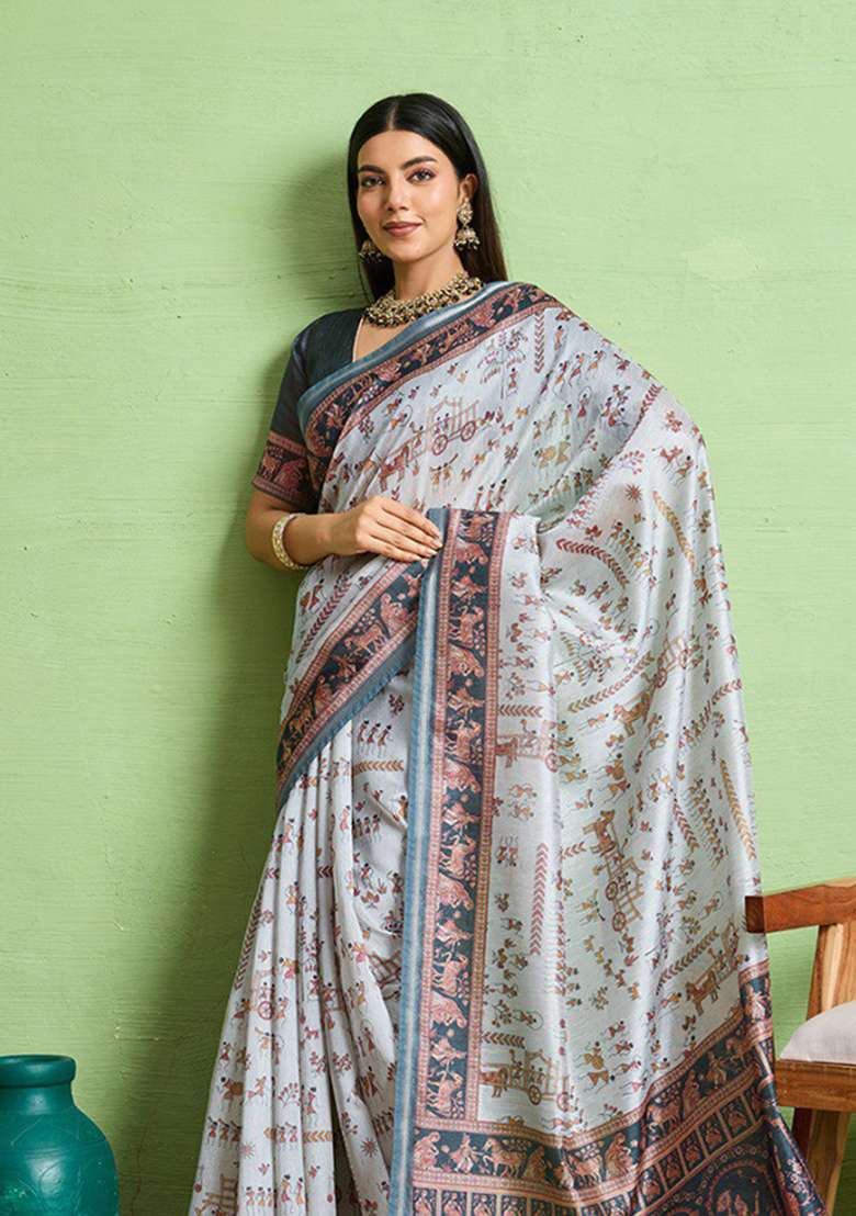 Multi Embroidery Silk Blend Saree Set - Indya