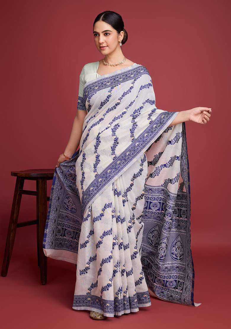 Off White Embroidery Cotton Saree Set - Indya