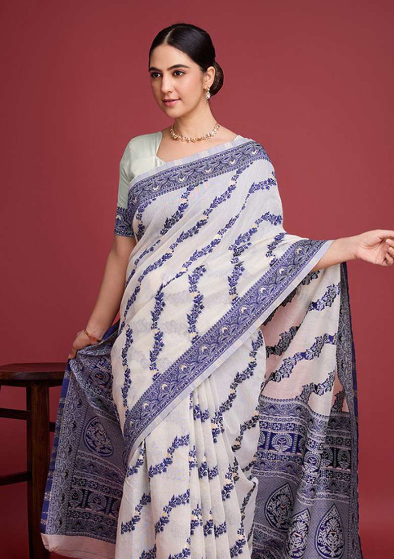 Off White Embroidery Cotton Saree Set - Indya
