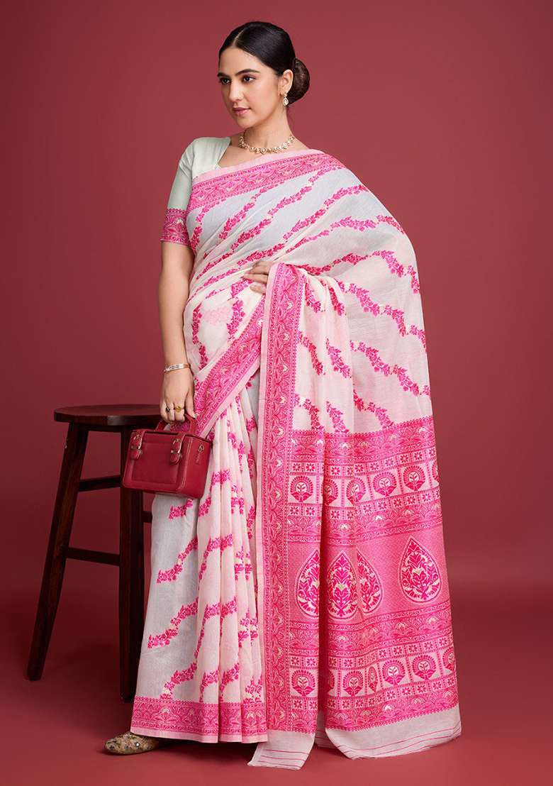 Off White Embroidery Cotton Saree Set - Indya