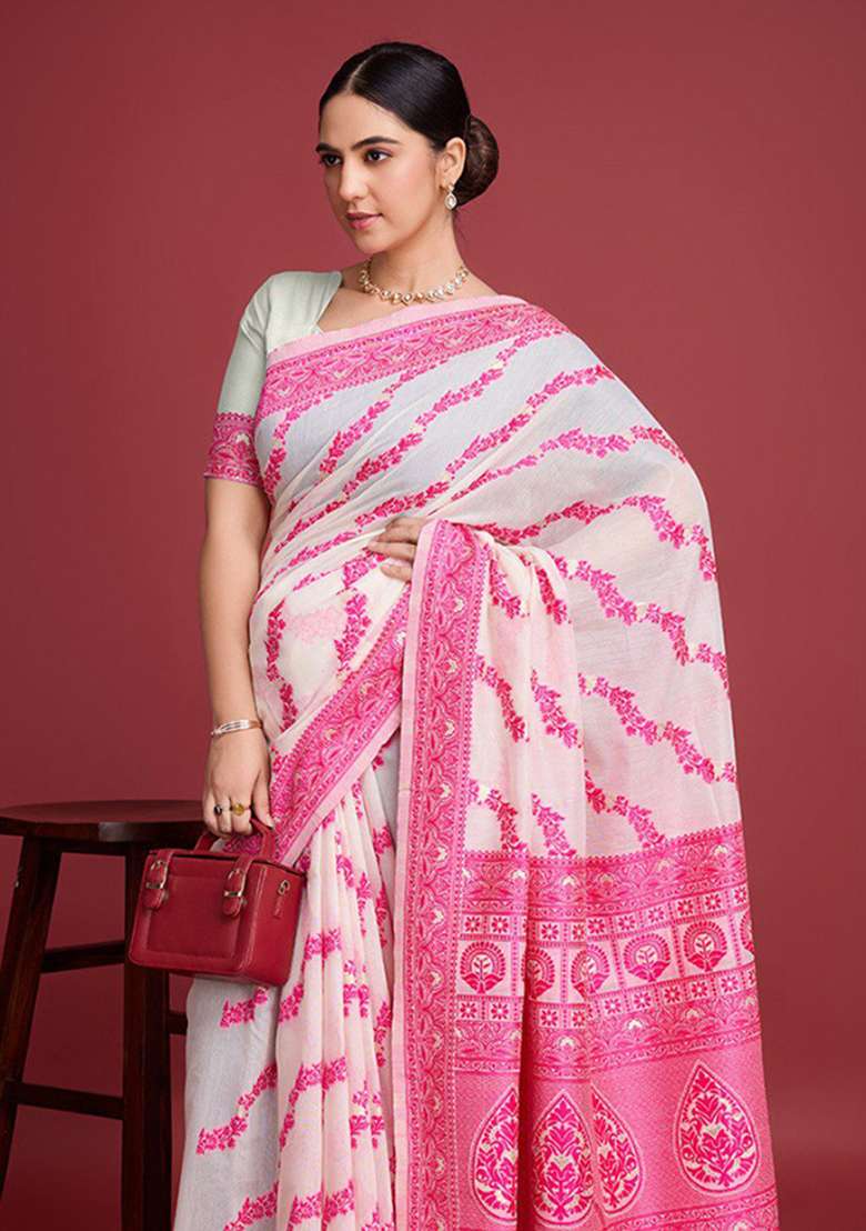 Off White Embroidery Cotton Saree Set - Indya