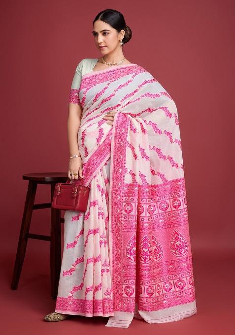 Off White Embroidery Cotton Saree Set