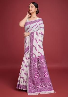 Off White Embroidery Cotton Saree Set