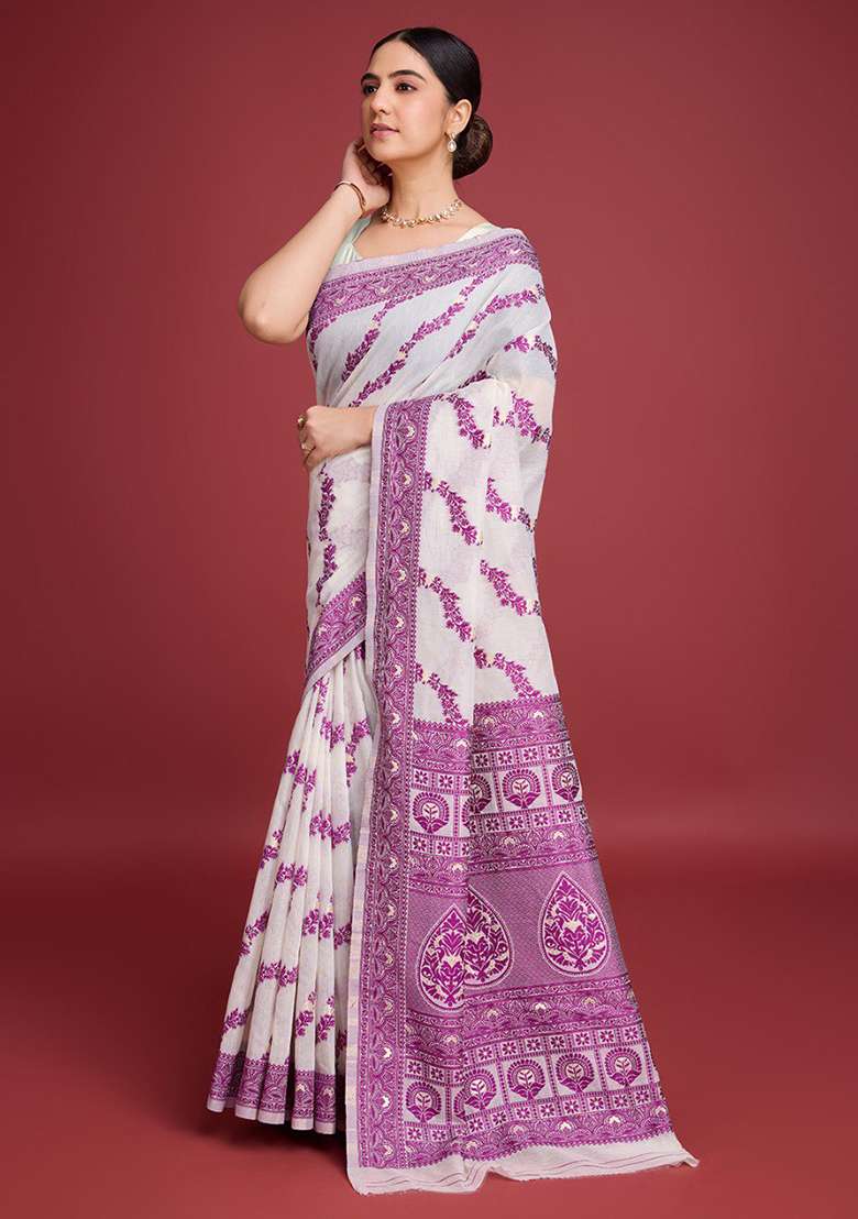 Off White Embroidery Cotton Saree Set - Indya