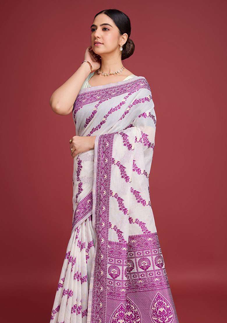 Off White Embroidery Cotton Saree Set - Indya