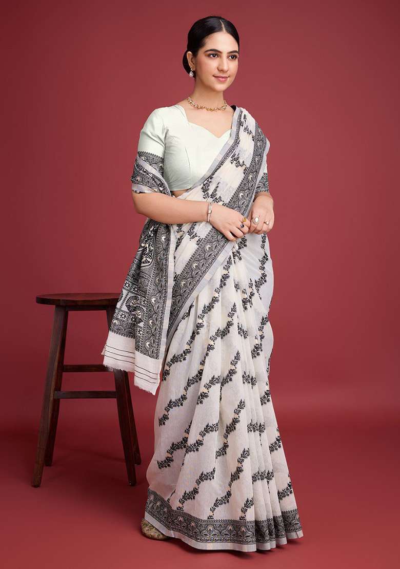 Off White Embroidery Cotton Saree Set - Indya