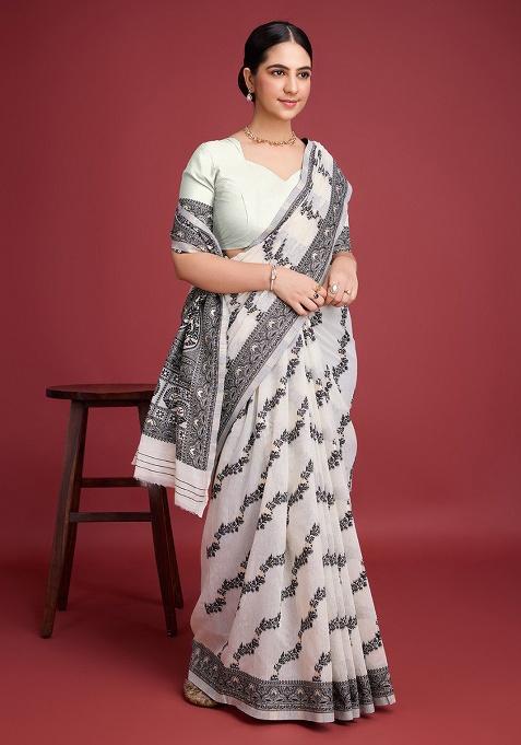 Off White Embroidery Cotton Saree Set
