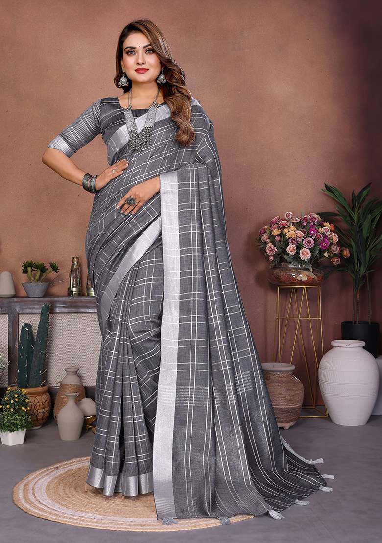 Magenta Embroidery Linen Saree Set - Indya