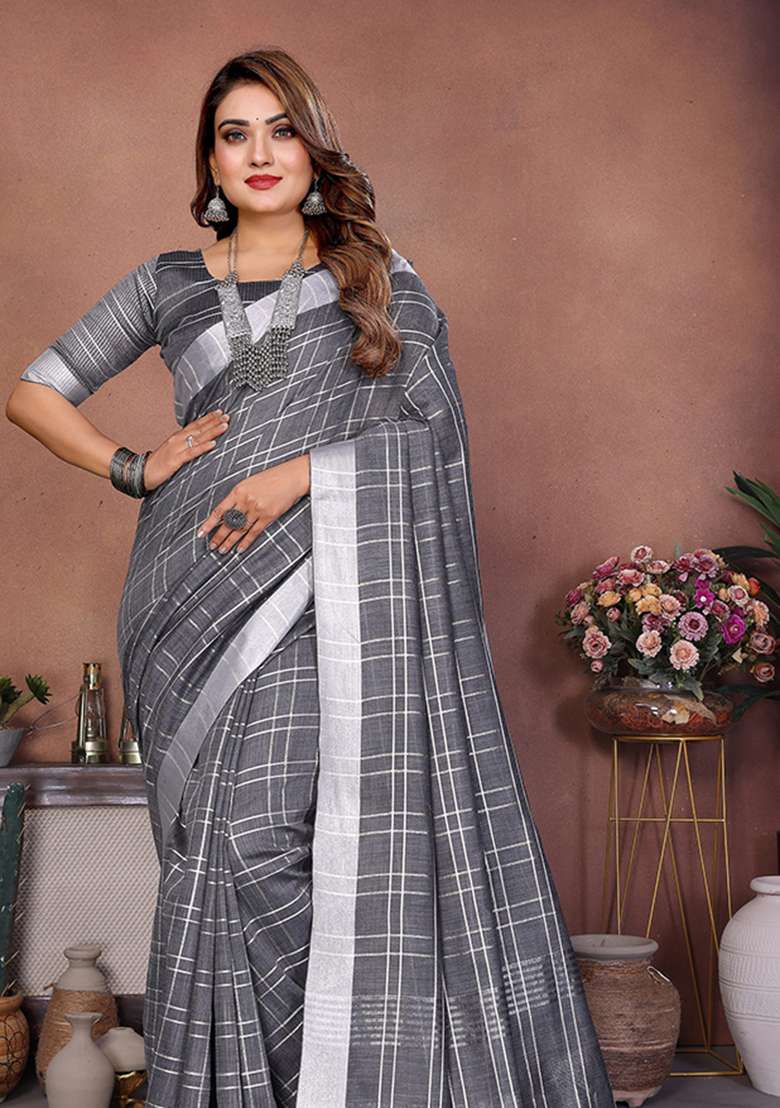 Magenta Embroidery Linen Saree Set - Indya