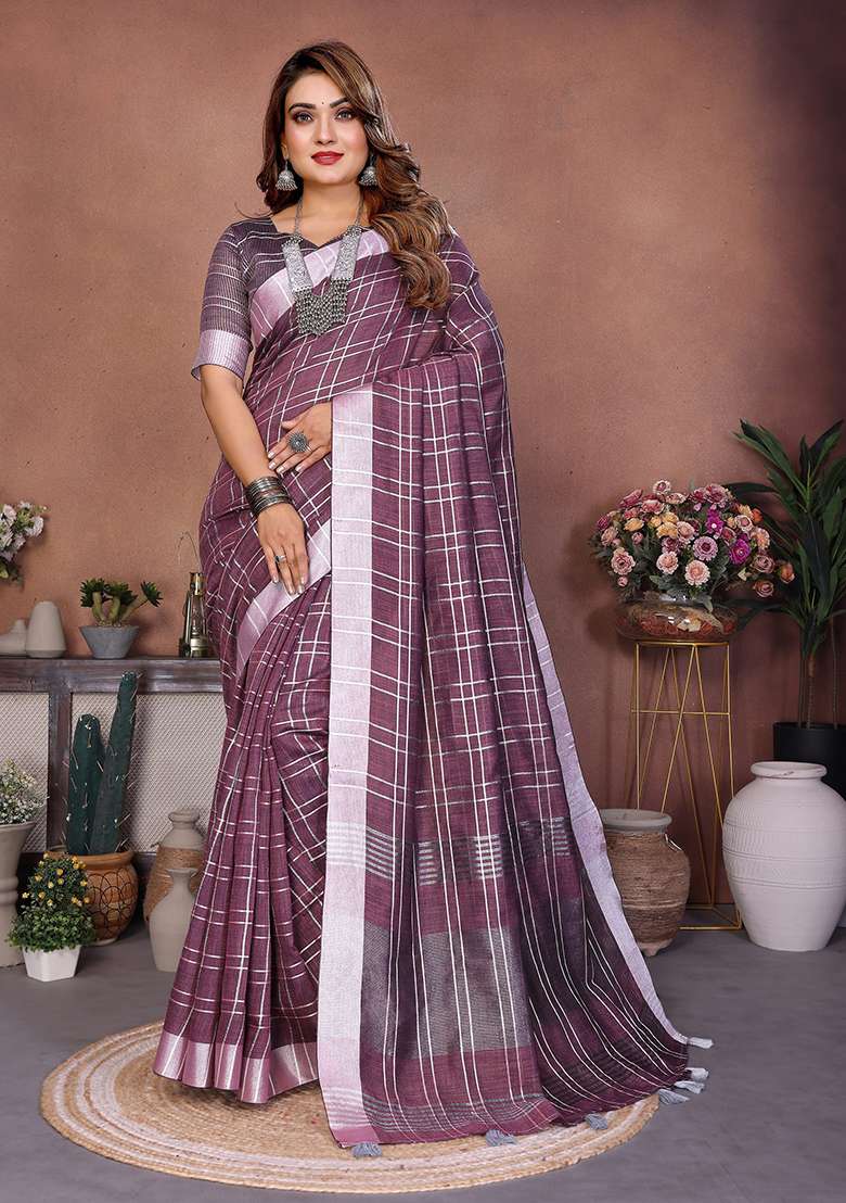 Dusty Mehendi Embroidery Linen Saree Set - Indya