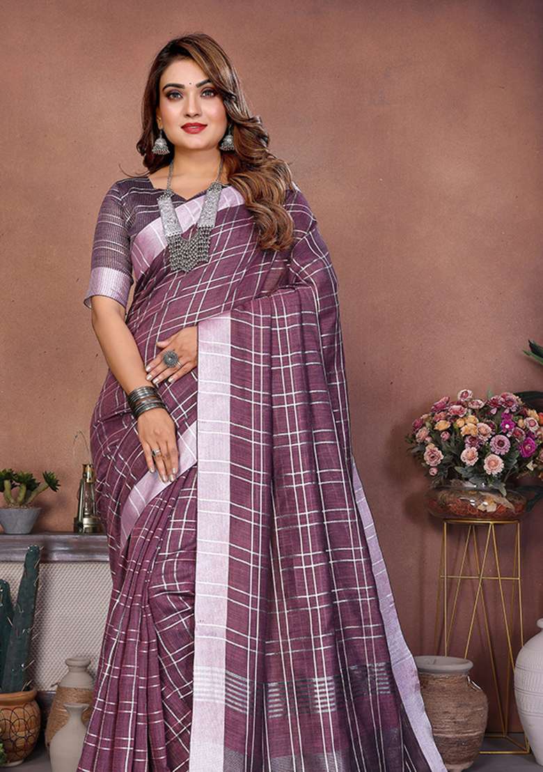 Dusty Mehendi Embroidery Linen Saree Set - Indya