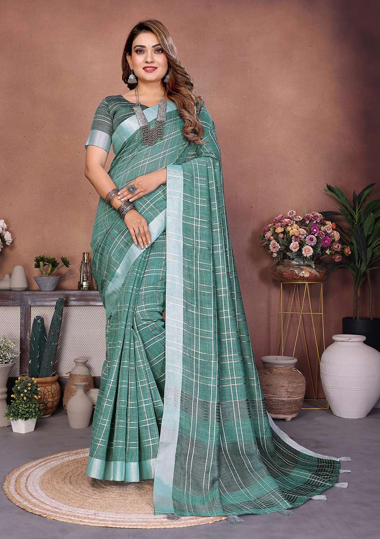 Sea Green Embroidery Linen Saree Set - Indya