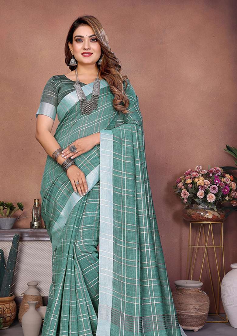 Sea Green Embroidery Linen Saree Set - Indya