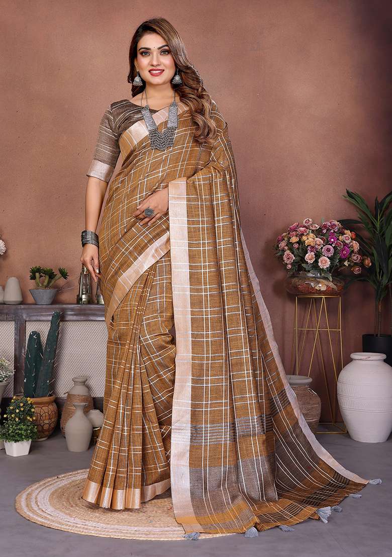 Green Embroidery Linen Saree Set - Indya