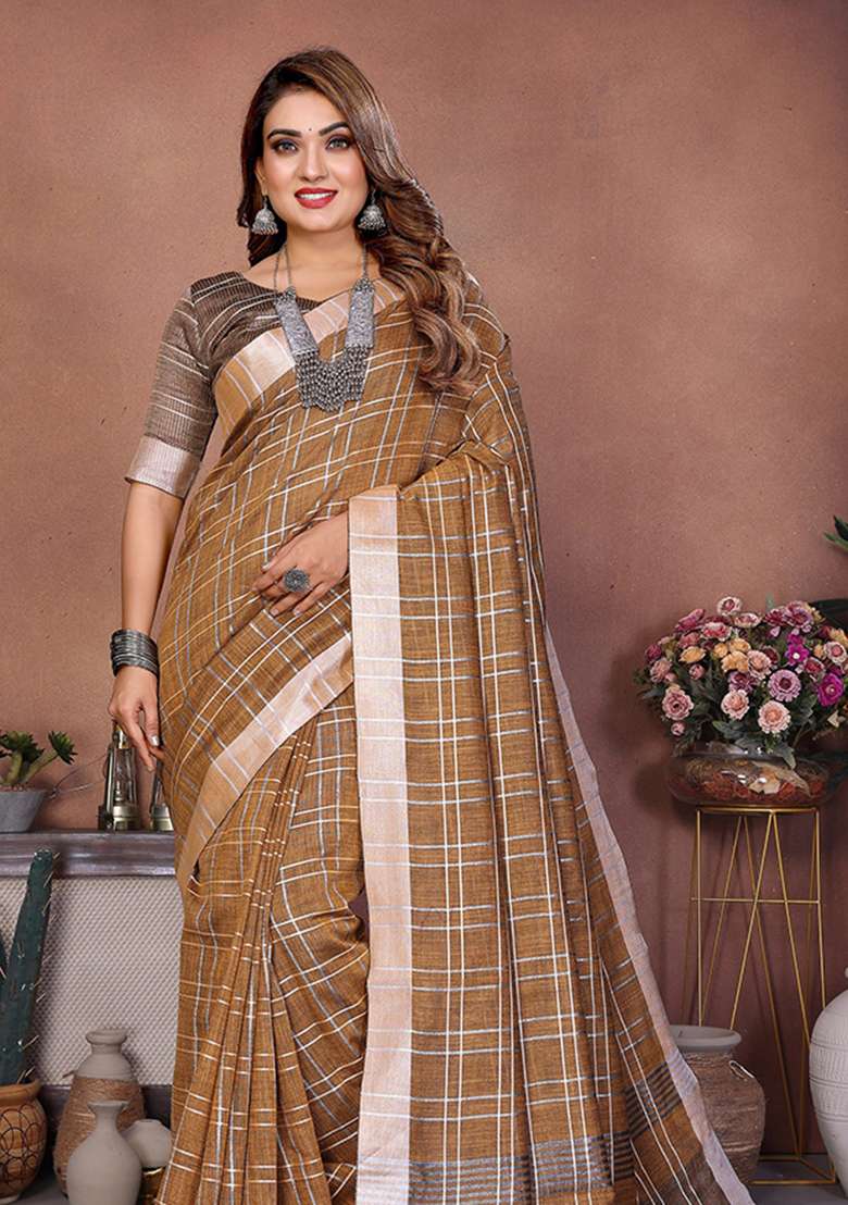 Green Embroidery Linen Saree Set - Indya
