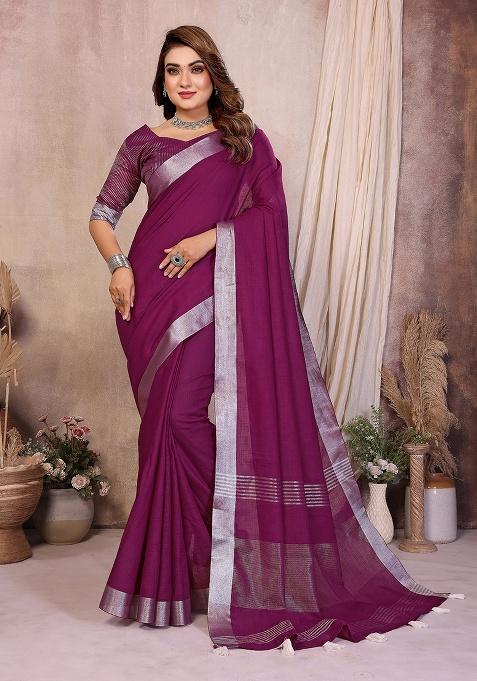 Navy Blue Embroidery Linen Saree Set