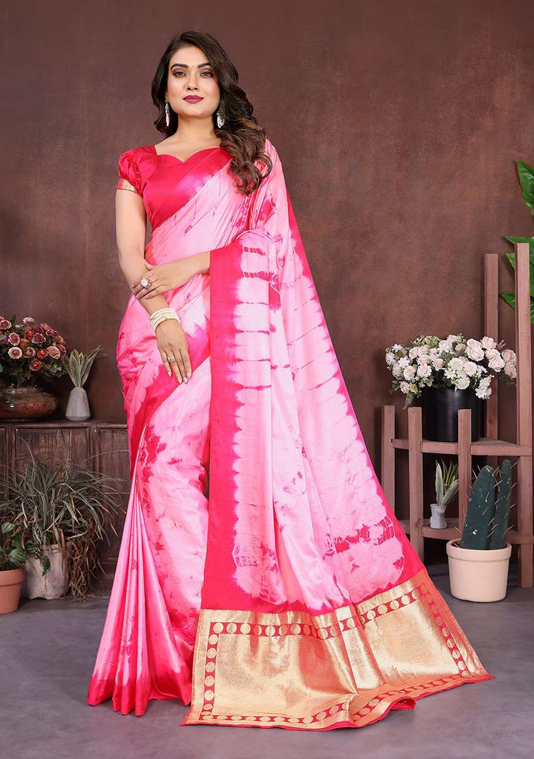 Light Pink Embroidery Silk Blend Saree Set - Indya