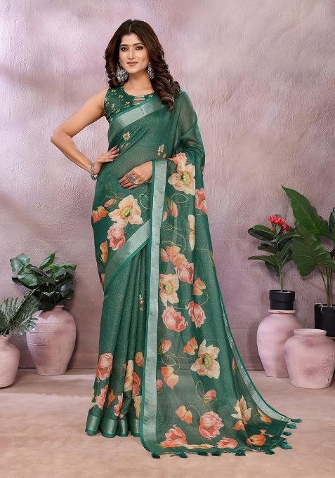 Dark Teal Embroidery Linen Saree Set
