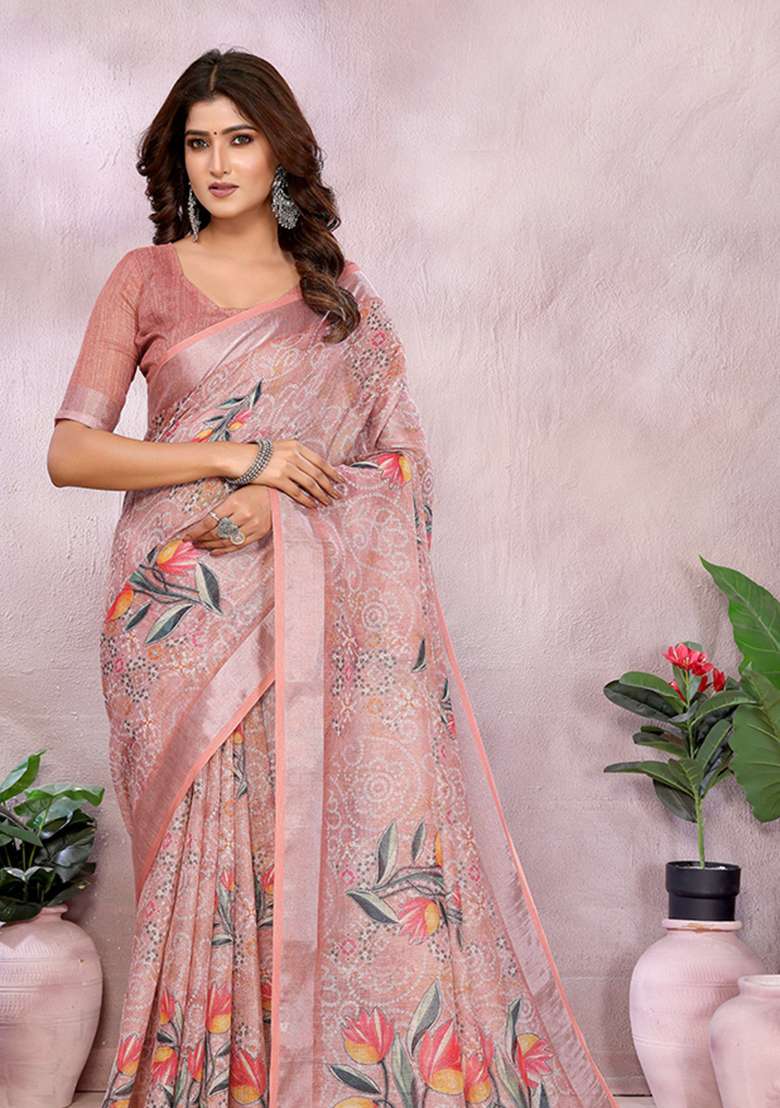 Peach Embroidery Linen Saree Set - Indya