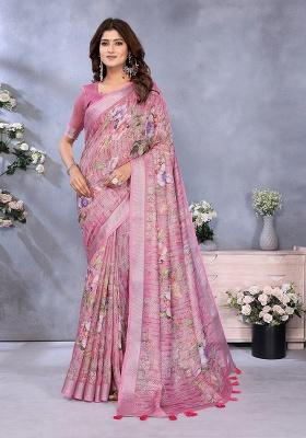 Pink Embroidery Linen Saree Set