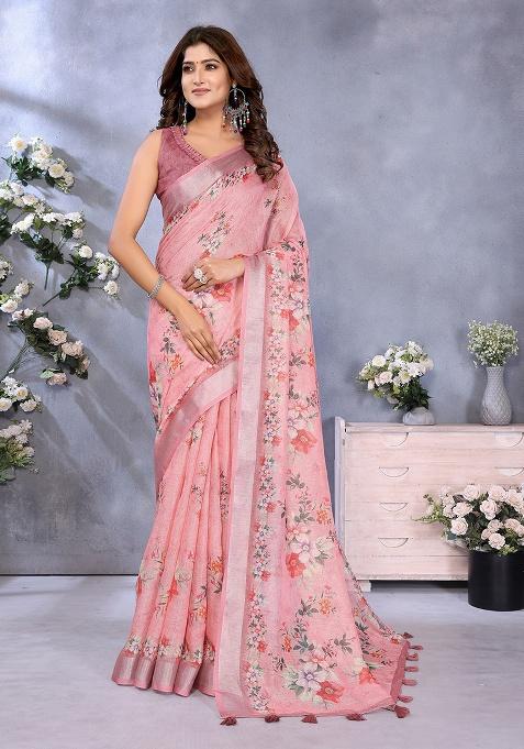 Peach Embroidery Linen Saree Set