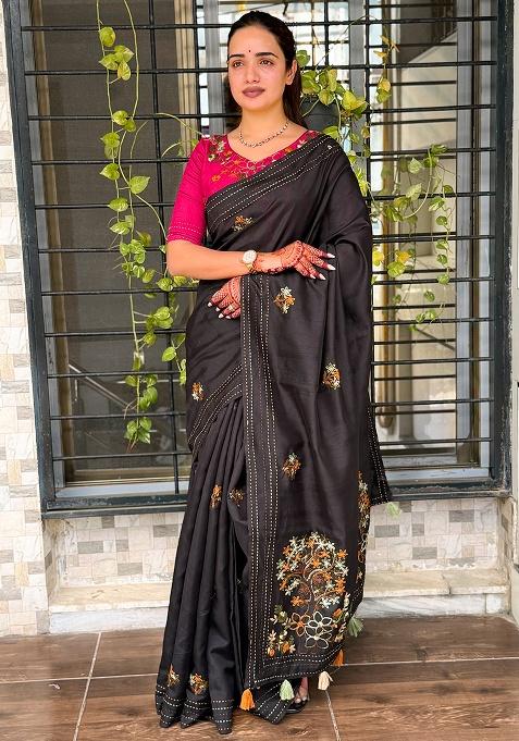 Black Thread Work Cotton Blend Saree Set