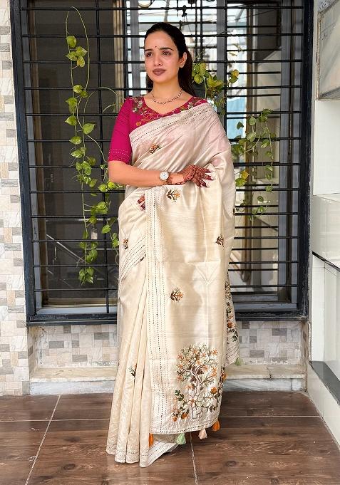Cream Thread Work Cotton Blend Saree Set