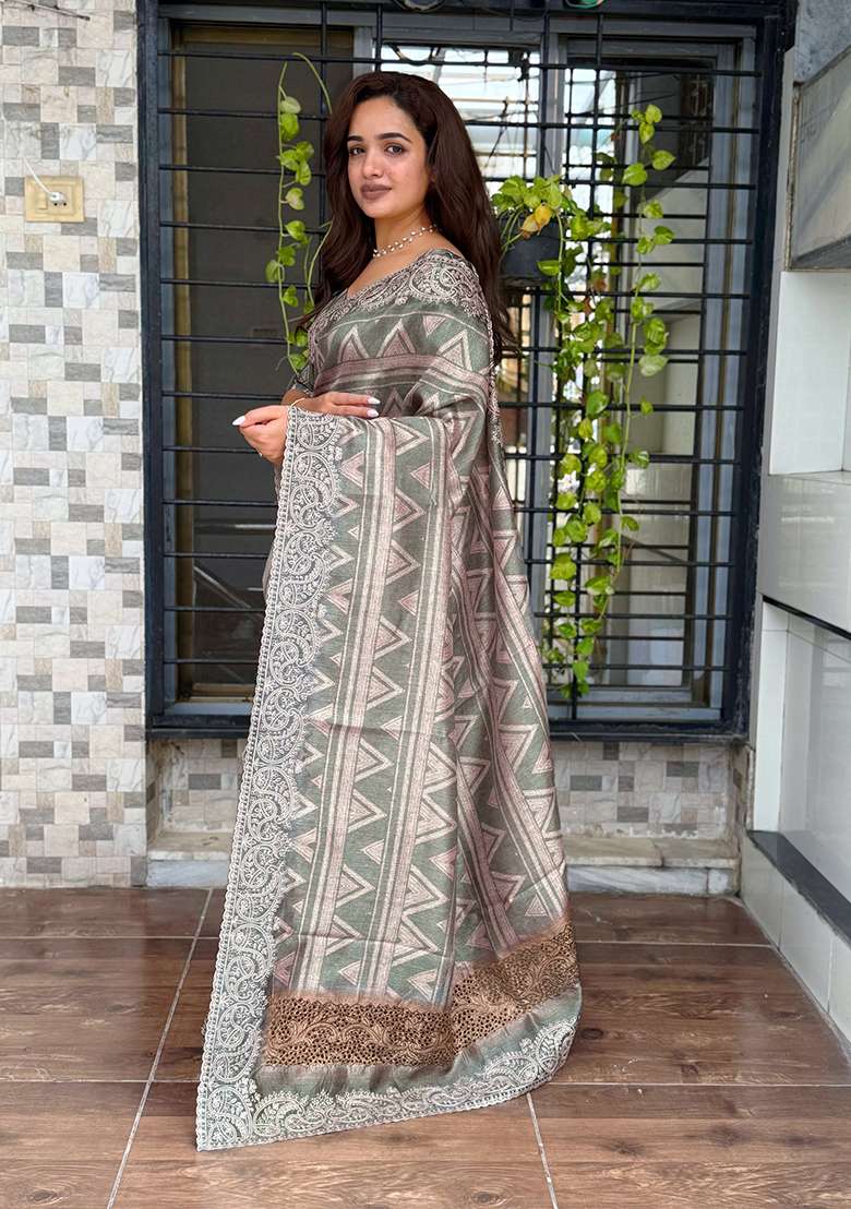 Grey Printed Cotton Blend Saree Set - Indya