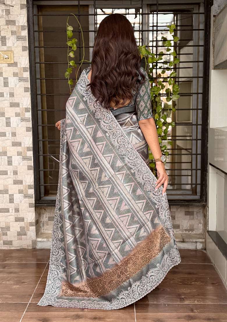 Grey Printed Cotton Blend Saree Set - Indya