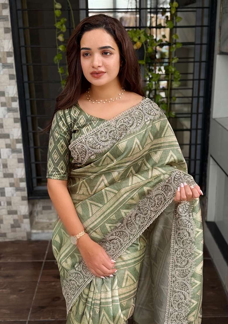 Pista Printed Cotton Blend Saree Set - Indya