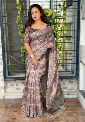 Brown Printed Cotton Blend Saree Set