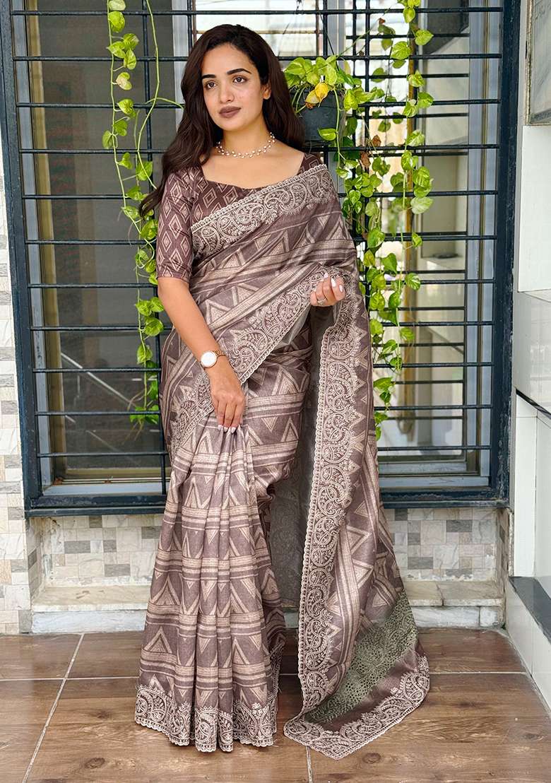 Brown Printed Cotton Blend Saree Set - Indya