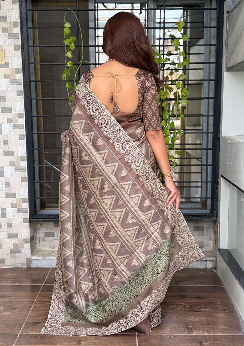 Brown Printed Cotton Blend Saree Set - Indya