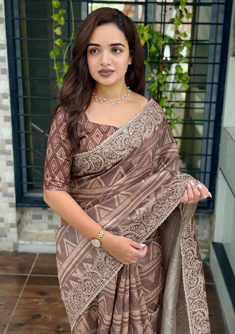 Brown Printed Cotton Blend Saree Set - Indya