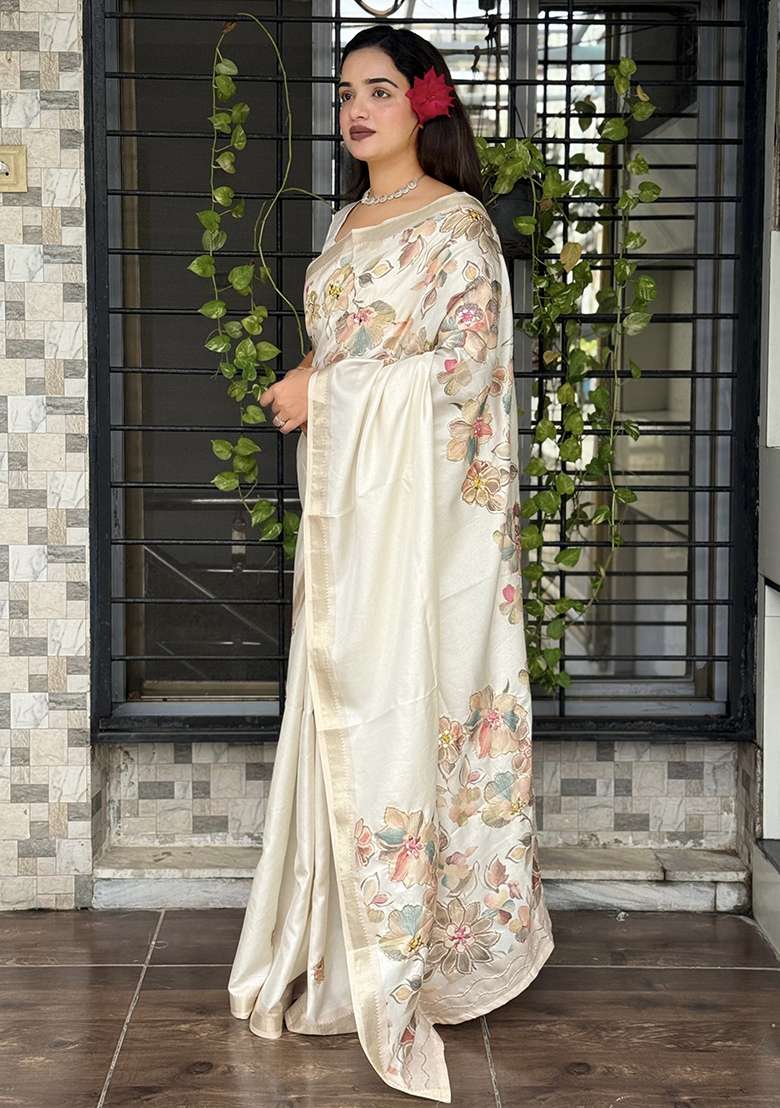Off White Mirror Work Cotton Blend Saree Set - Indya