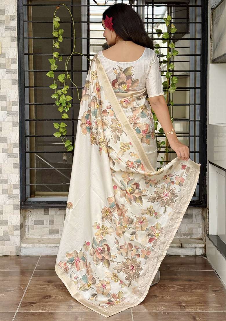 Off White Mirror Work Cotton Blend Saree Set - Indya