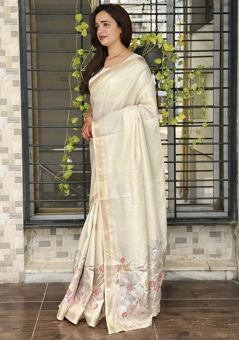 Off White Mirror Work Cotton Blend Saree Set - Indya