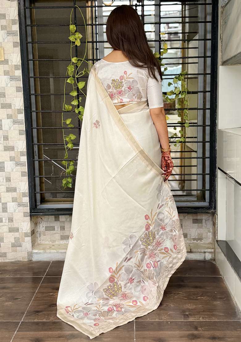 Off White Mirror Work Cotton Blend Saree Set - Indya