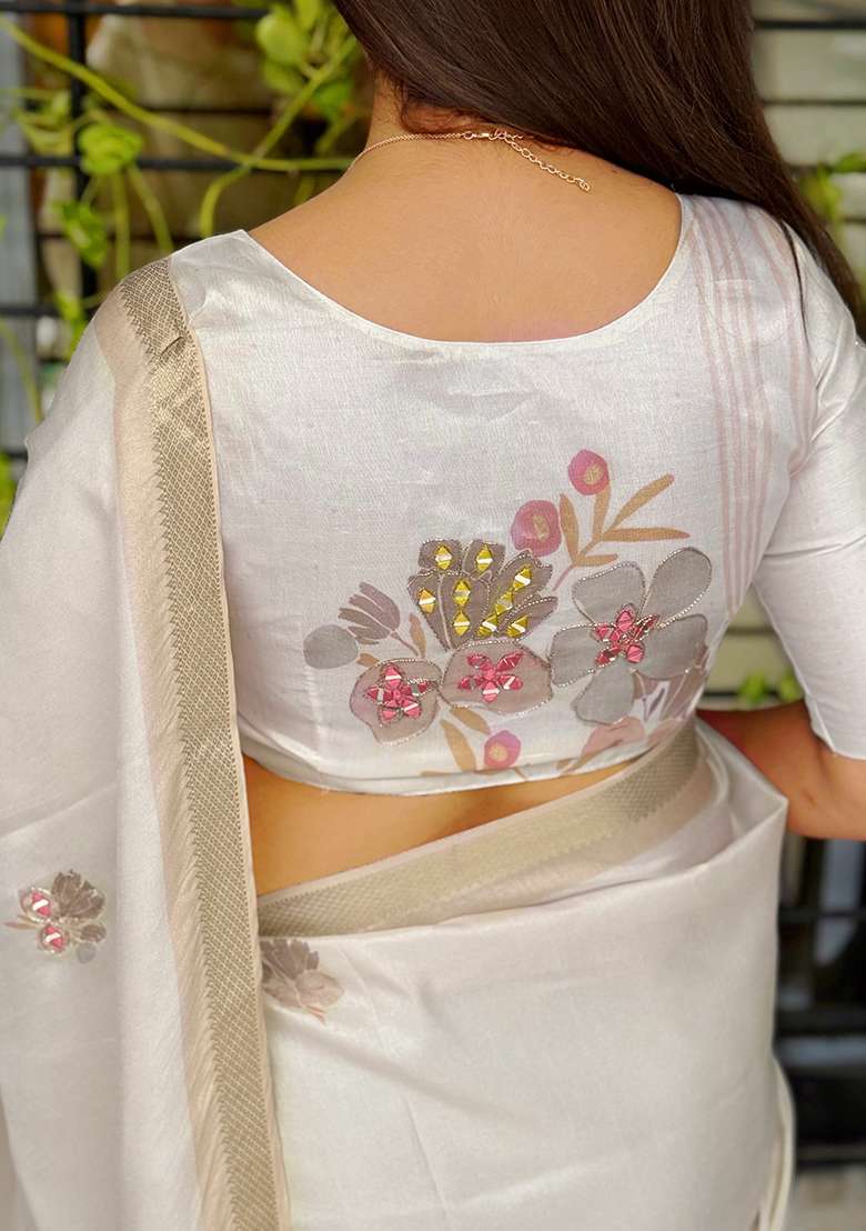 Off White Mirror Work Cotton Blend Saree Set - Indya